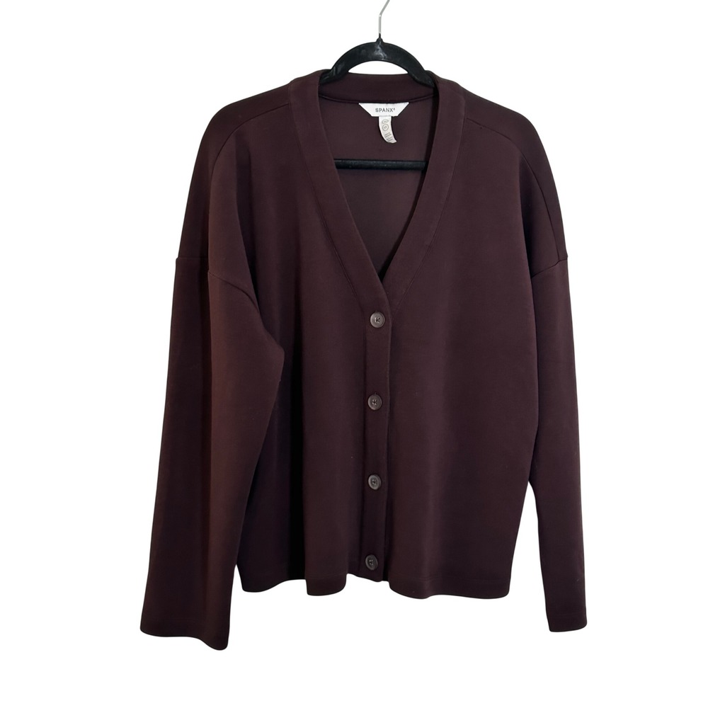 Spanx AirEssentials Cardigan Sweater Size 1X Brown V-Neck Button Front Travel